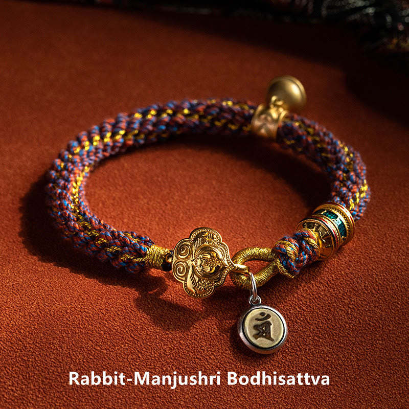 925 Sterling Silver Chinese Zodiac Natal mystic zen Om Mani Padme Hum Luck Bell Braided String Bracelet
