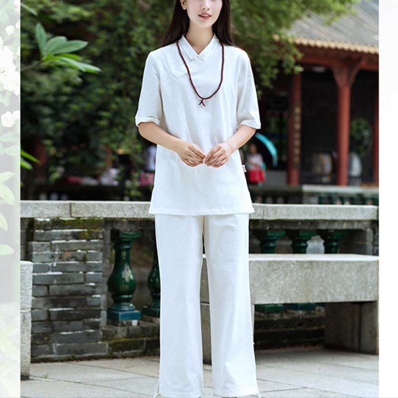 2Pcs Half Sleeve V-Neck Shirt Top Pants Meditation Zen Tai Chi Linen Clothing Women's Set