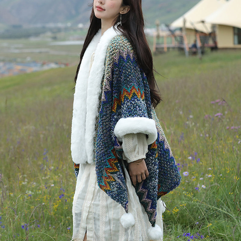 Tibetan Multicolored Wavy Lines Knitted Striped Shawl Coat Winter Cozy Travel Scarf Wrap