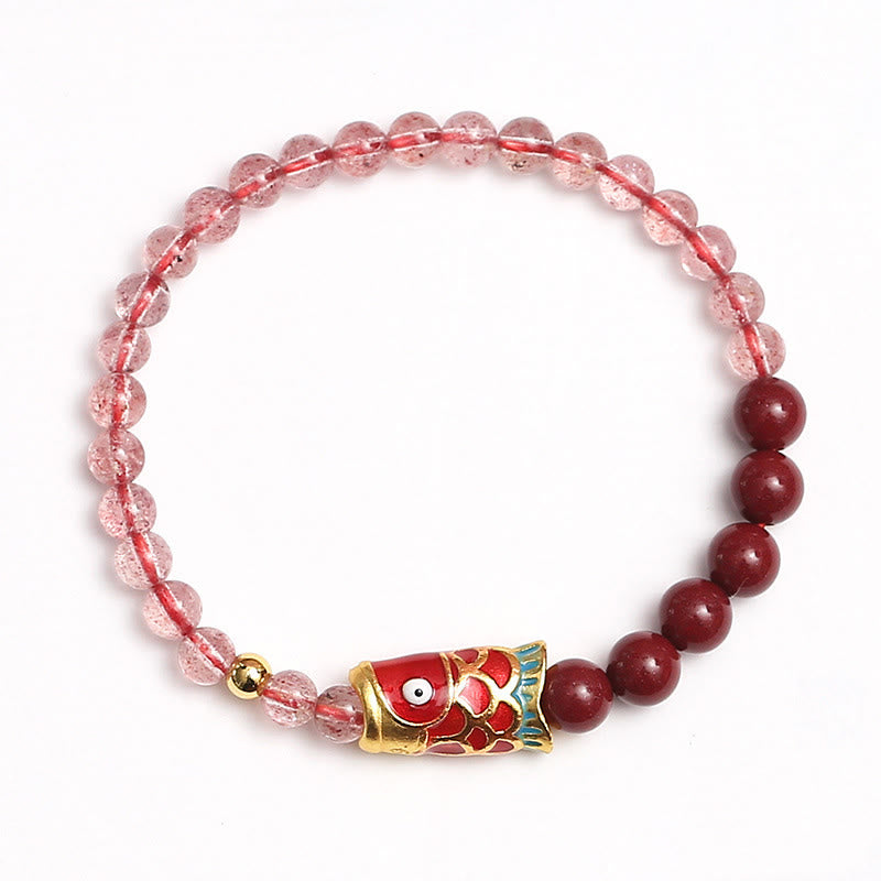 Natural Strawberry Quartz Cinnabar Lucky Koi Fish Healing Bracelet