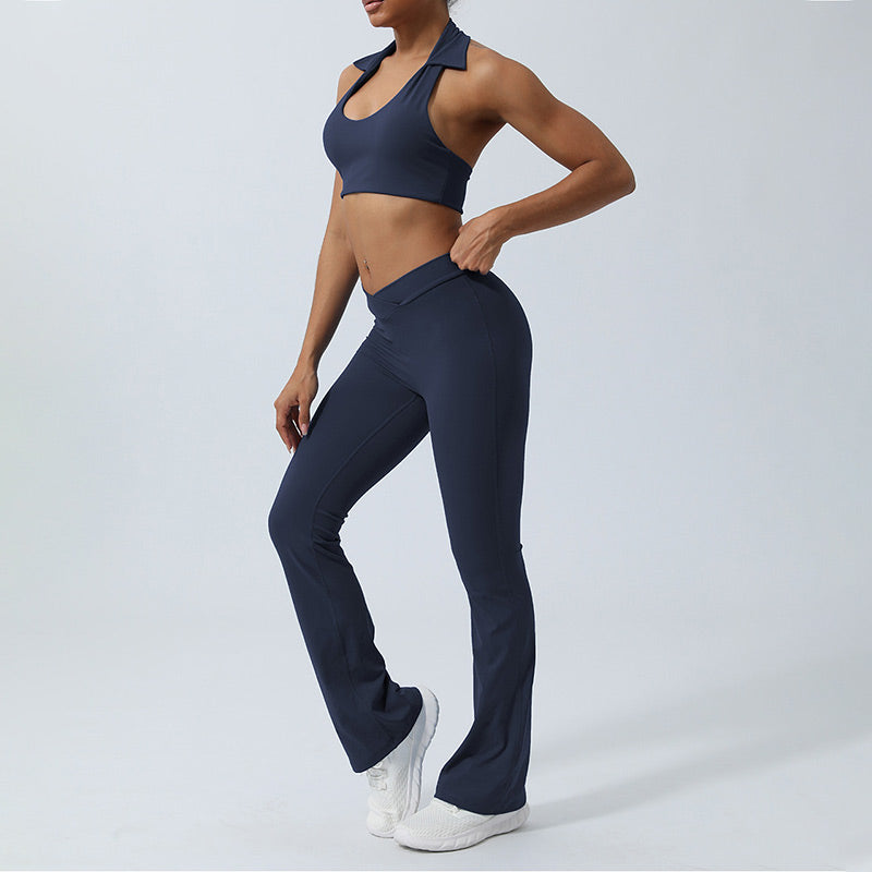 2Pcs Workout Sleeveless Backless Top Shorts Flared Pants Sports Fitness Yoga Outfit Set