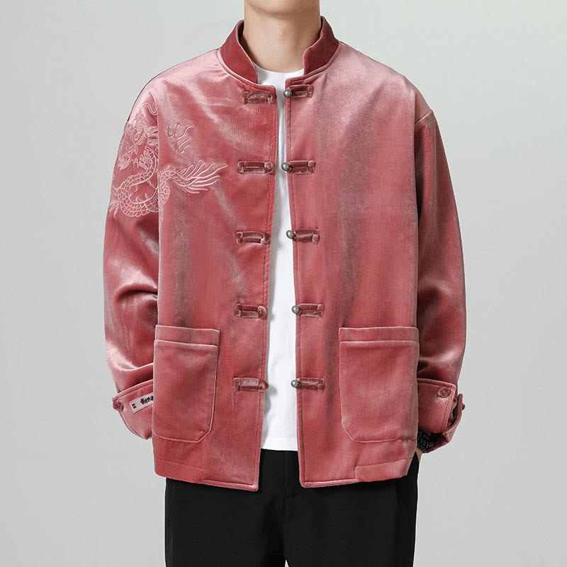 Embroider Dragon Casual Frog-button Cotton Men's Jacket Shirt Clothing