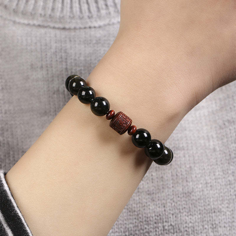 Natural Gold Sheen Obsidian Rainbow Obsidian Om Mani Padme Hum Fu Character Healing Bracelet