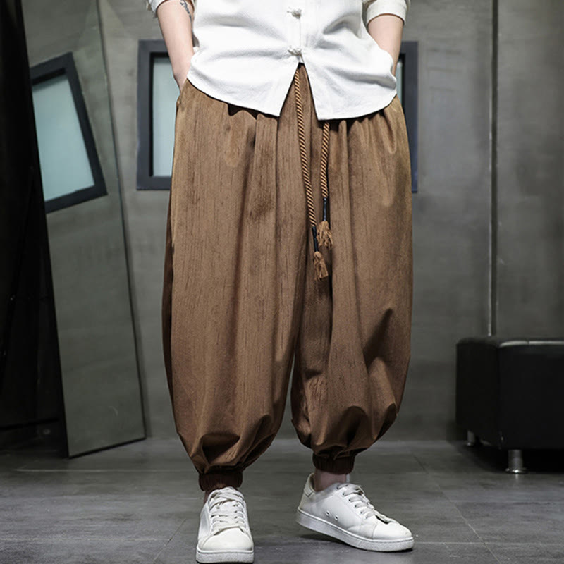 Solid Color Corduroy Drawstring Thermal Men's Harem Pants With Pockets