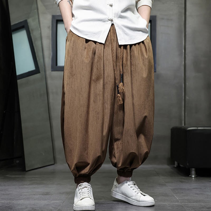 Solid Color Corduroy Drawstring Thermal Men's Harem Pants With Pockets