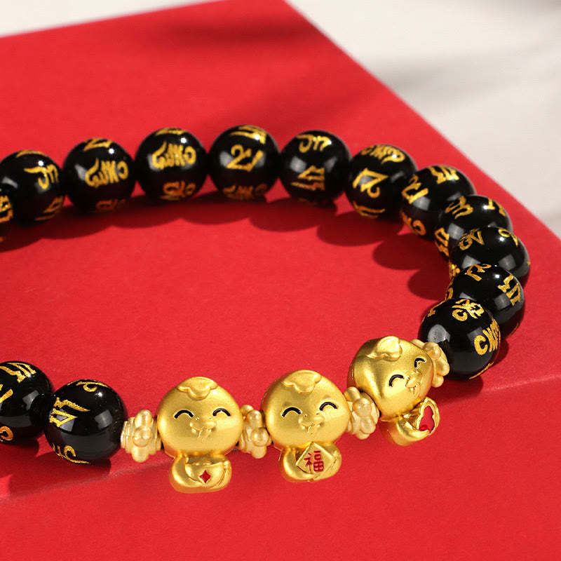 Red Agate Black Onyx Bead Copper Year Of The Snake Fu Character Om Mani Padme Hum Happiness Bracelet