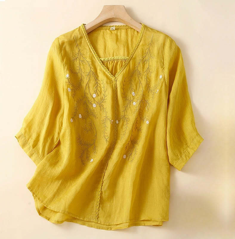 Summer Casual Flower Branches Embroidered Pattern V-Neck Half Sleeve Cotton Linen Women's T-shirt