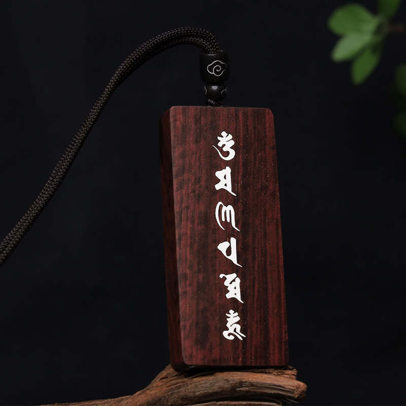 999 Sterling Silver Small Leaf Red Sandalwood Ebony Wood Om Mani Padme Hum Inlaid Protection Necklace Pendant