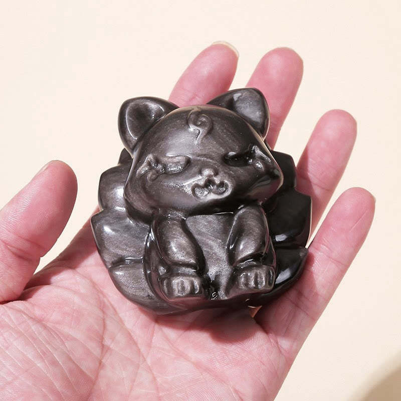 Natural Silver Sheen Obsidian Nine-Tailed Fox Protection Home Decoration