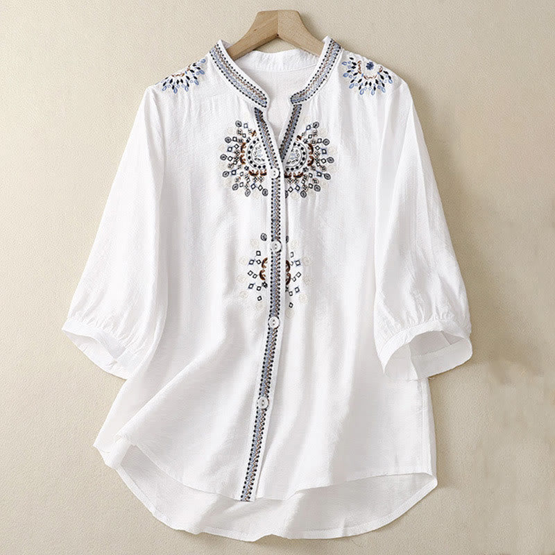 Casual Women's Bohemia Embroidery Flowers V-Neck Design Half Sleeve Cotton Linen Shirt
