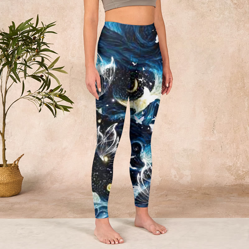 Blue Butterfly Water Waves Moon Print Gym Leggings Women's Yoga Pants