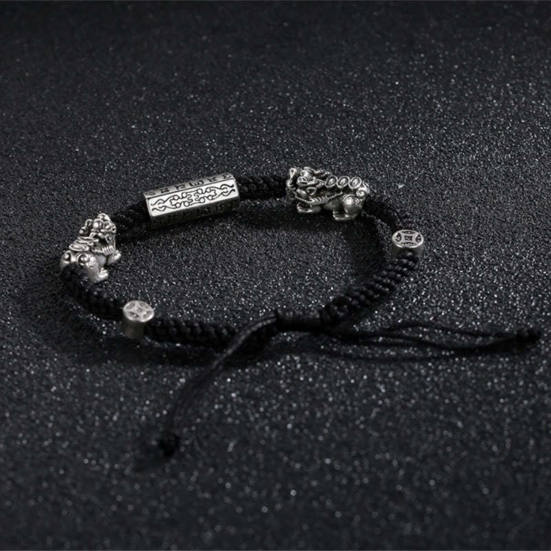 Double PiXiu Feng Shui Copper Coin Om Mani Padme Hum String Bracelet