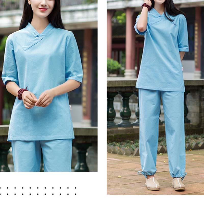 2Pcs Half Sleeve V-Neck Shirt Top Pants Meditation Zen Tai Chi Linen Clothing Women's Set
