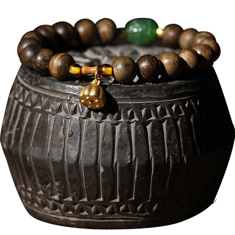 999 Gold Brunei Agarwood Cyan Jade Lotus Flower Peace Strength Bracelet