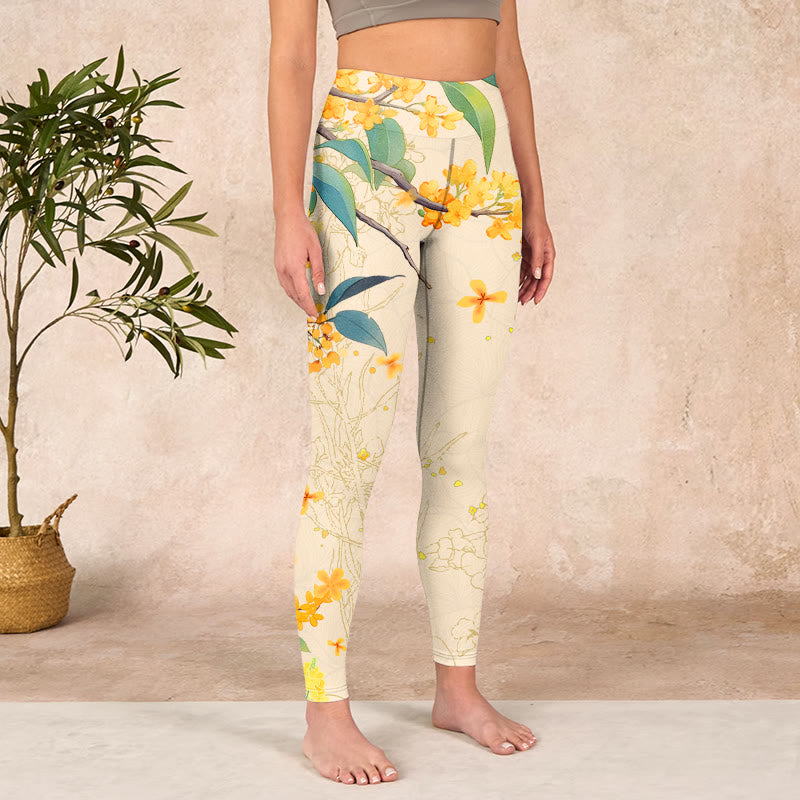 Yellow Osmanthus Fragrans Rapeseed Print Gym Leggings Women's Yoga Pants