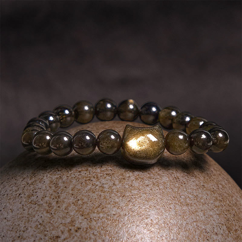 Gold Sheen Obsidian Silver Sheen Obsidian Lovely Paw Lucky Cat Protection Bracelet