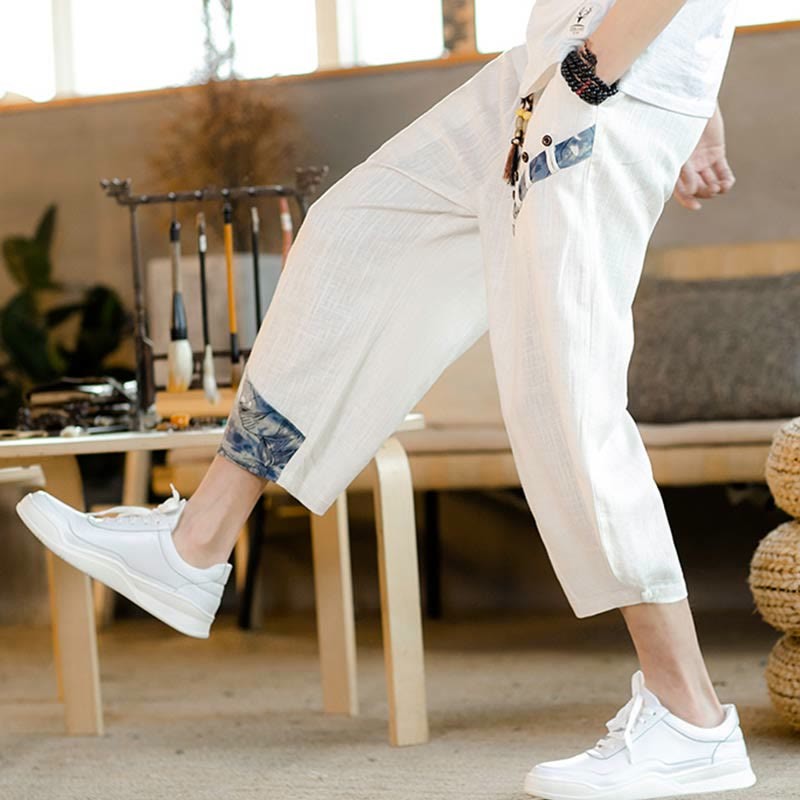 Patchwork Design Drawstring Cotton Men's Cropped Pants With Pockets