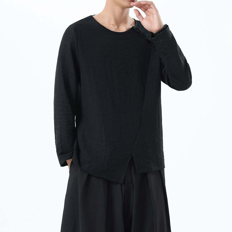 Men's Long Sleeve Round Collar Comfort Cotton Linen Shirt