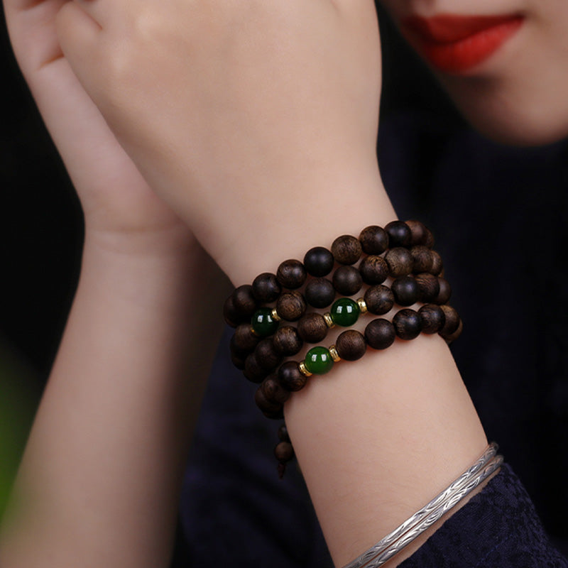 108 Mala Beads Indonesia Tarakan Rare Agarwood Cyan Jade Ward Off Evil Spirits Bracelet