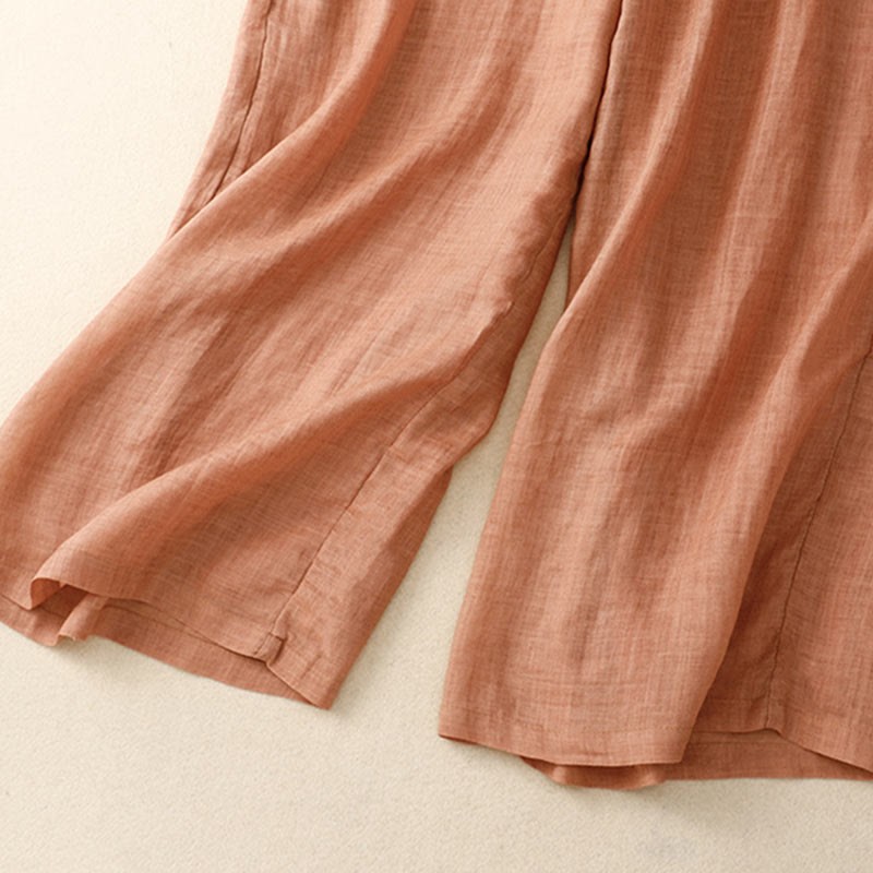Floral Print High Waist Cotton Linen Drawstring Wide Leg Pants With Pockets