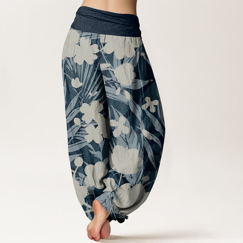 Long Leaves Flowers Pattern Design Women's Elastic Waist Harem Pants