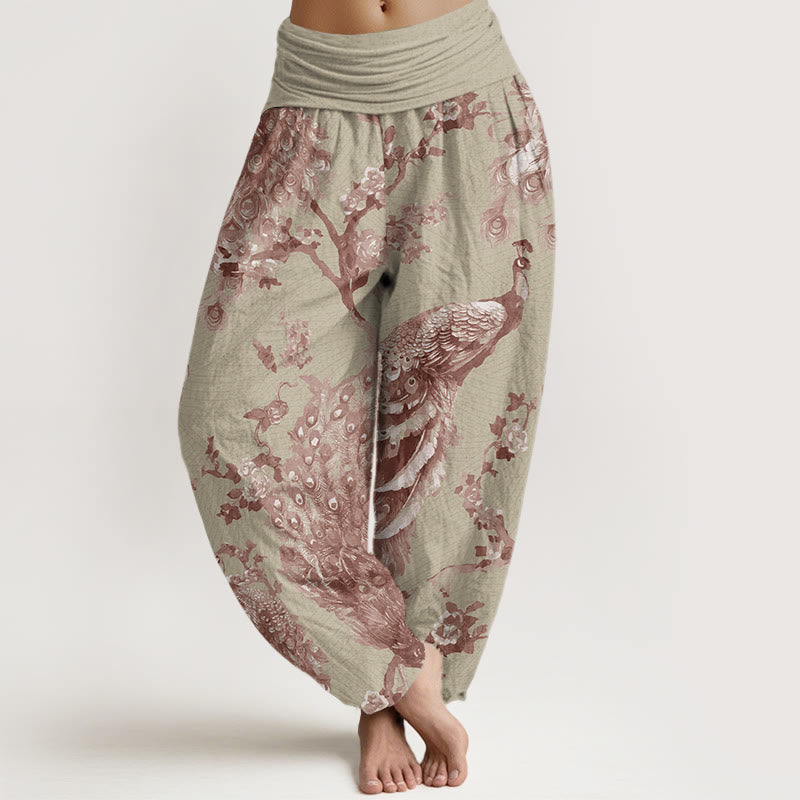 Casual Peacock Perched On Branch Petals Women's Elastic Waist Harem Pants