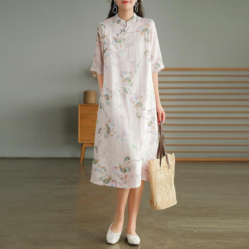 Frog-button Leaves Branches Midi Dress Cotton Linen Short Sleeve Dress With Pockets