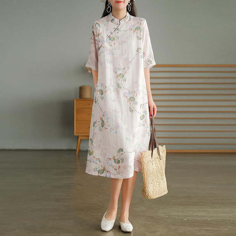 Frog-button Leaves Branches Midi Dress Cotton Linen Short Sleeve Dress With Pockets