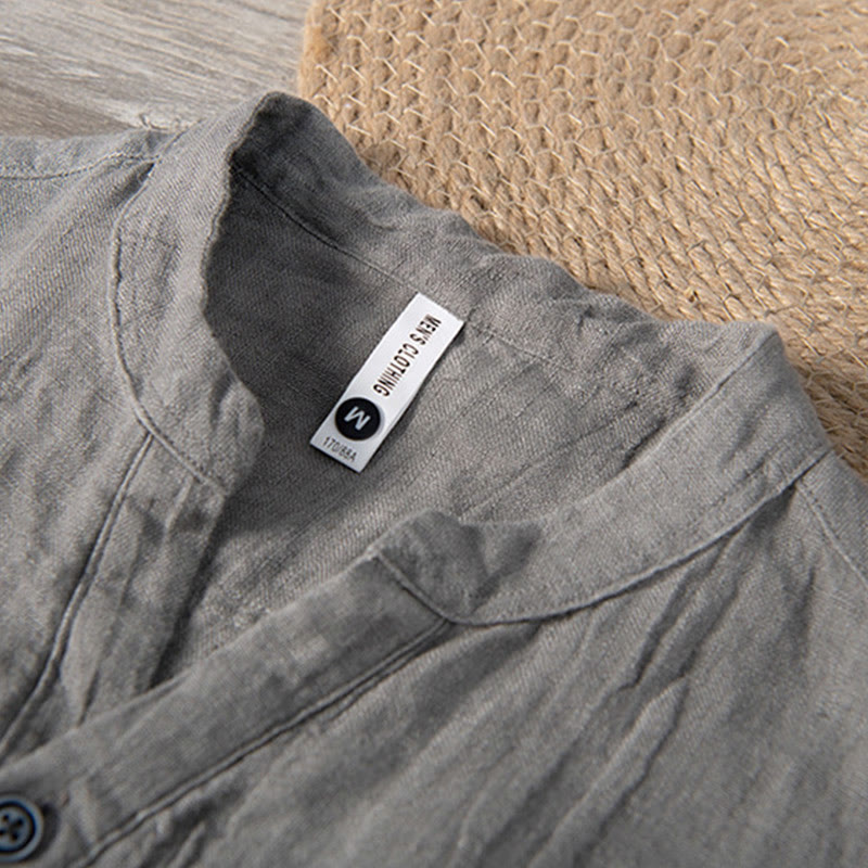 Solid Color Short Sleeve Half Button Shirt Linen Men Clothing