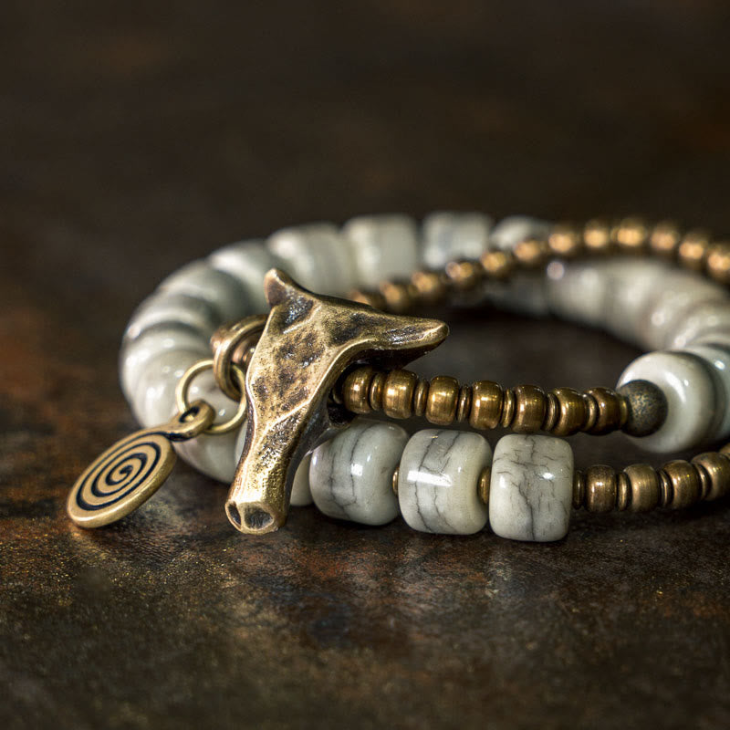 White Yak Bone Copper Yak Head Double Wrap Balance Bracelet