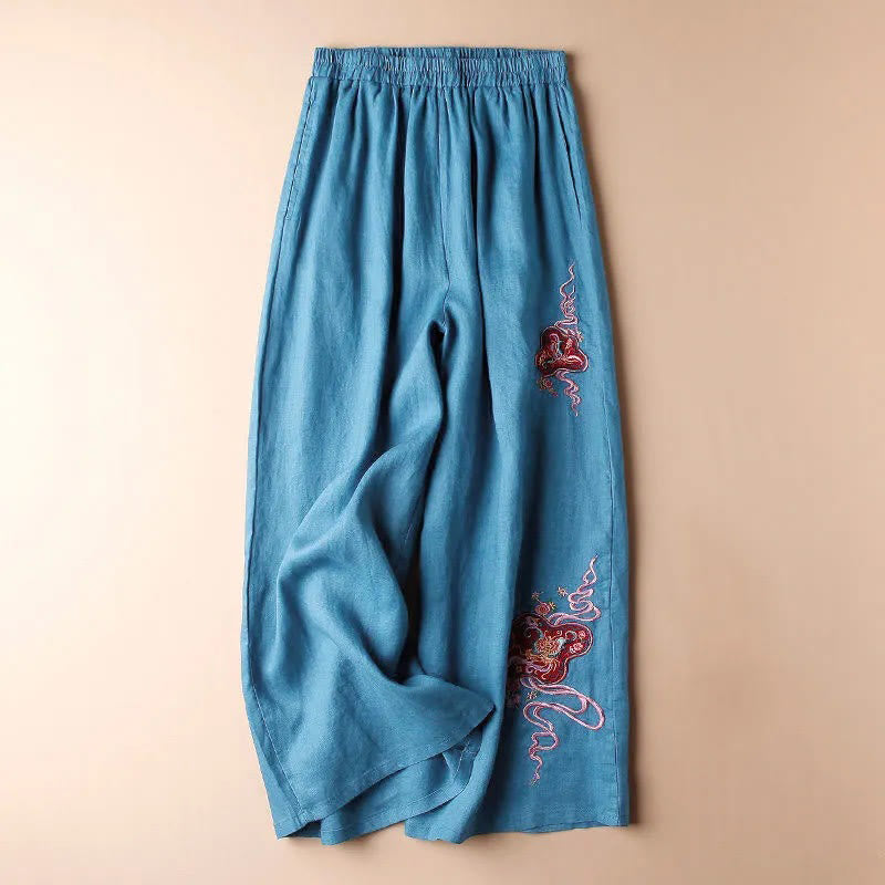 Women Casual Loose Cotton Linen Embroidery Wide Leg Pants With Pockets