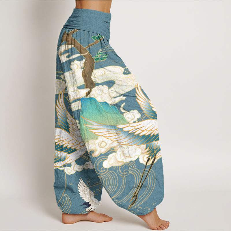 Flying Cranes Auspicious Clouds Tree?women's Elastic Waist Harem Pants