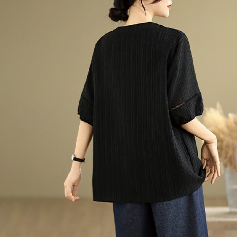 Summer Casual Pure Half Puff Sleeve Half Button V-neck Women's T-Shirt