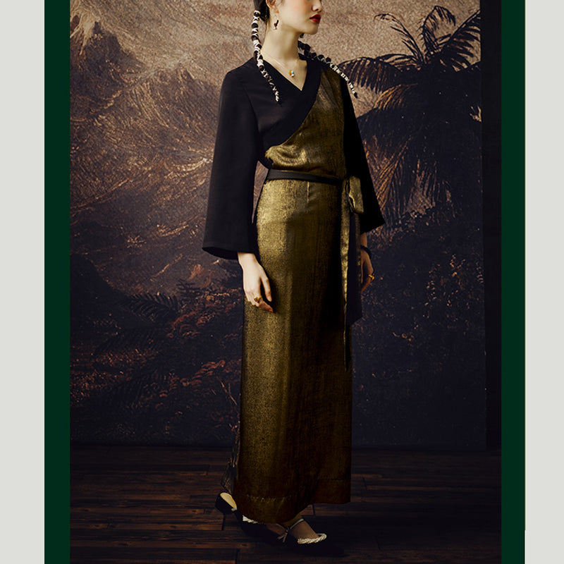 Tibetan Dress Clothing Lhasa Gold Black Long Wrap Dress Maxi Dress Women Clothing