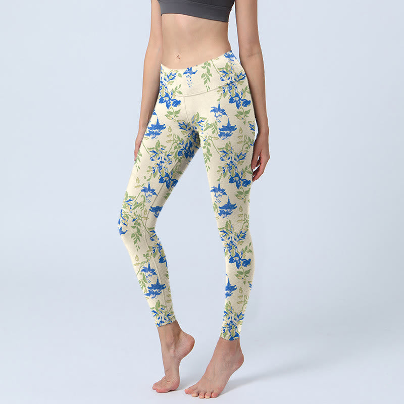 Casual Dark Blue Flower Leaves Print Gym Fitness Leggings Women's Yoga Pants