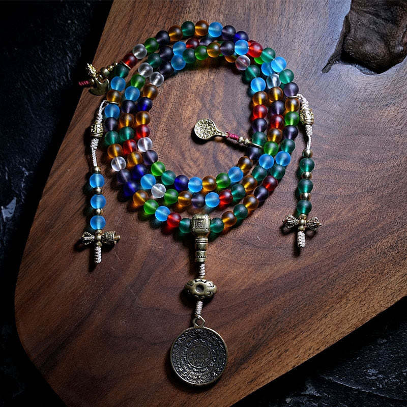Tibetan 108 Mala Beads Multicolored Liuli Glass Bead Chinese Zodiac Nine Palaces Eight Diagrams Charm Bracelet