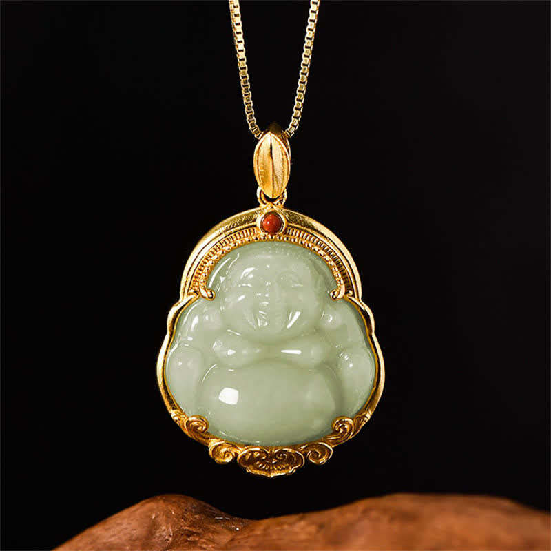 925 Sterling Silver Laughing mystic zen Natural Hetian Jade Luck Prosperity Necklace Pendant