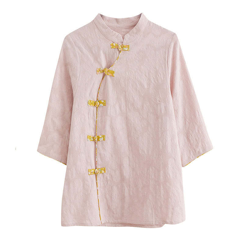 Floral Pattern Frog-Button Half Sleeve Cotton Linen Shirt