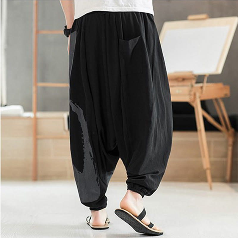 Simple Summer Calligraphy Cotton Men's Harem Pants With Pockets