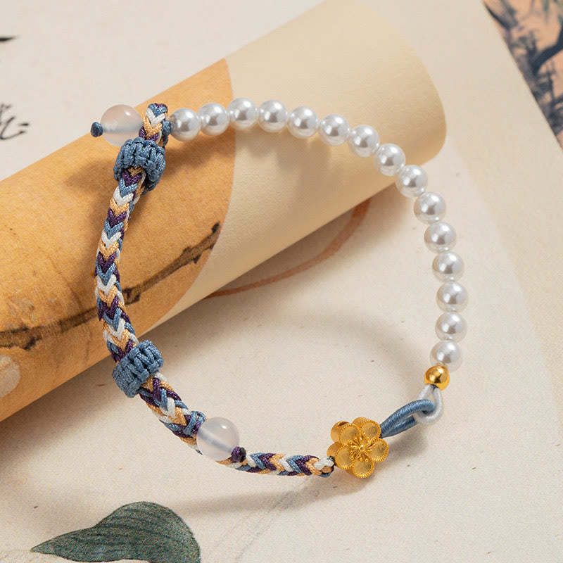 925 Sterling Silver Peach Blossom Pearl Chalcedony Healing Rope Bracelet