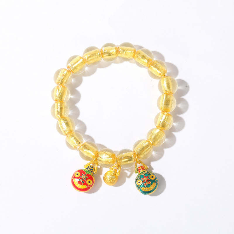 Gold Swallowing Beast Family Charm Gold Foil Liuli Glass Bead Fortune Bracelet