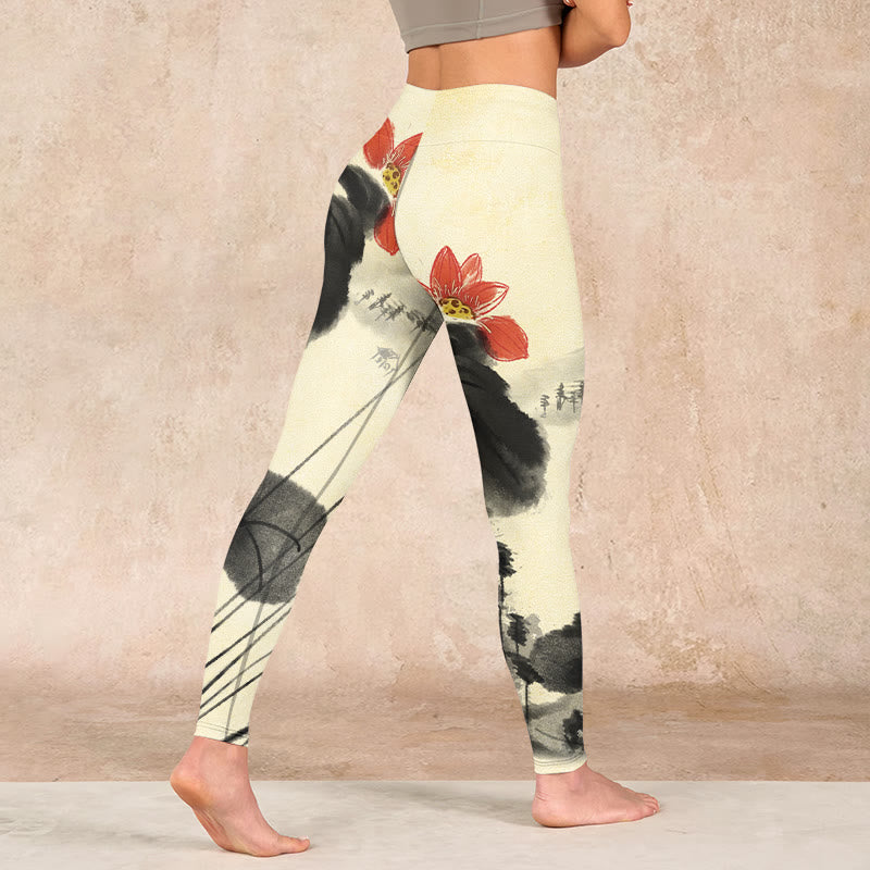 Lotus Mountains House Print Gym Leggings Women's Yoga Pants