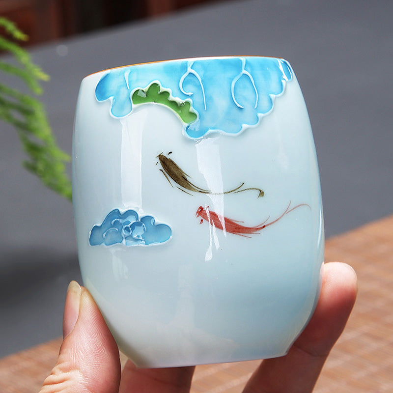 Koi Fish Lotus Landscape Dandelion Peony Flower Ceramic Teacup Kung Fu Tea Cup