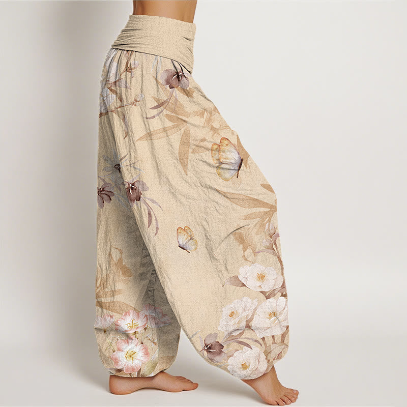 Cherry Blossoms?Hibiscus Butterfly Women's Elastic Waist Harem Pants