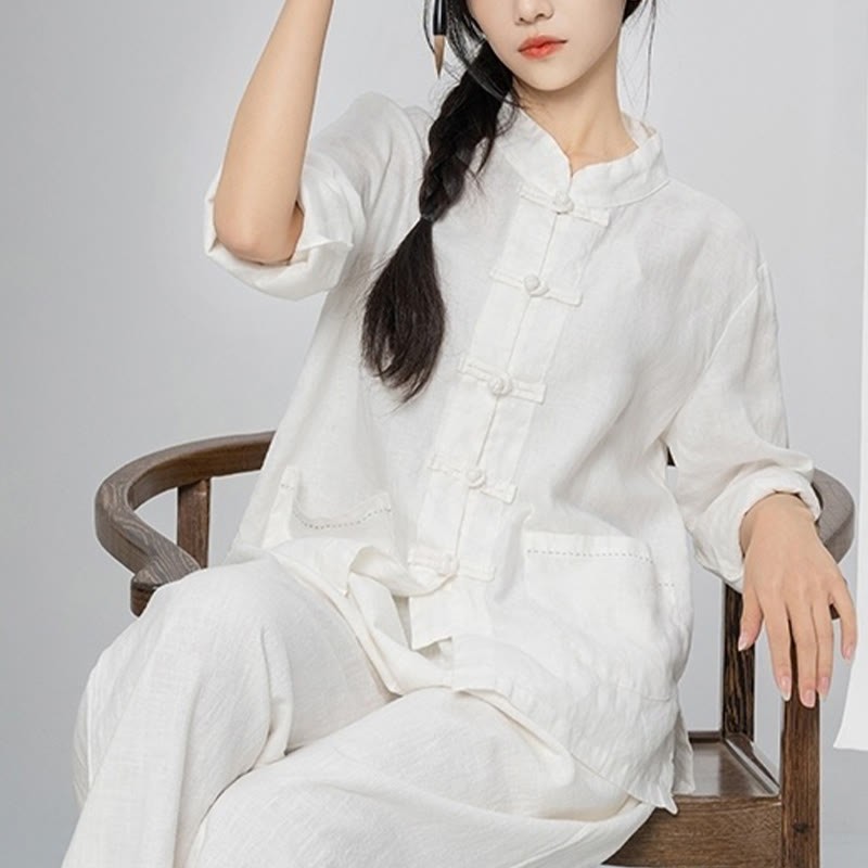 Solid Color Frog-button Long Sleeve Linen Women's Shirts With Pockets