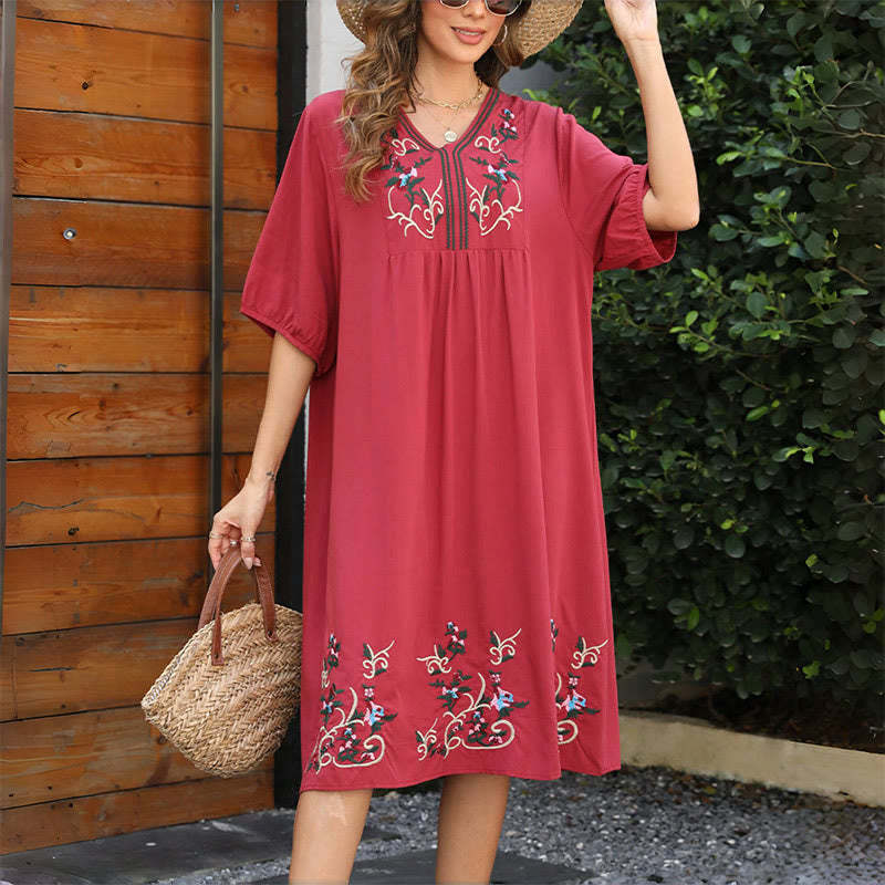 Indianred Retro Ethnic Embroidery Long Lantern Sleeve Cotton Midi Dress