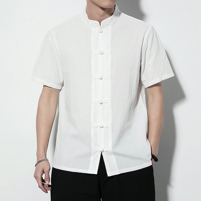 Casual Solid Color Front Frog Buttons Chinese Tang Suit Short Sleeve Linen Men's Shirt