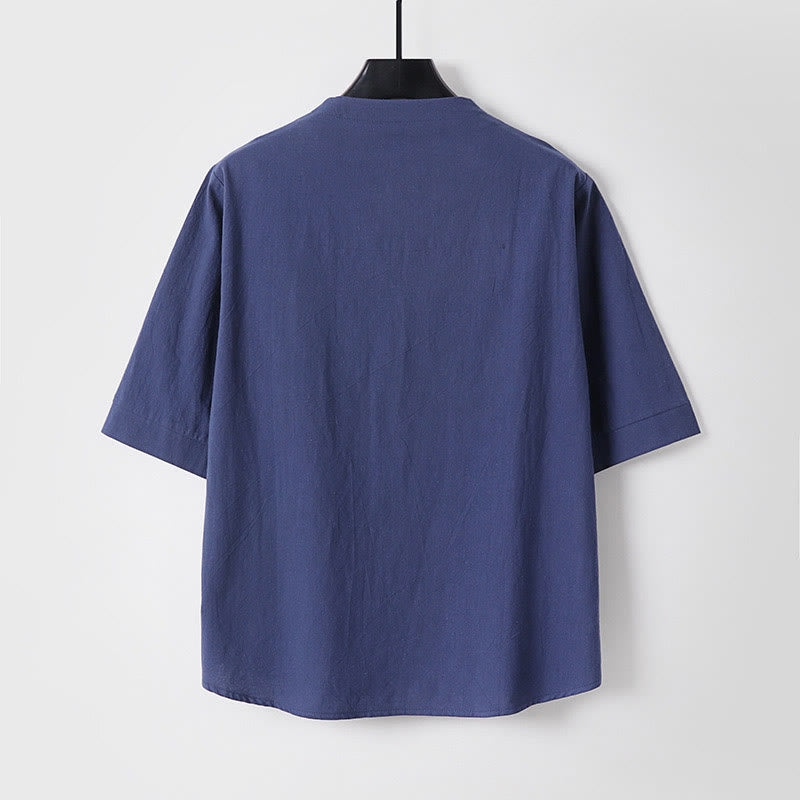 Plain Color Three Quarter Sleeve One Button Cotton Linen Men's Shirt
