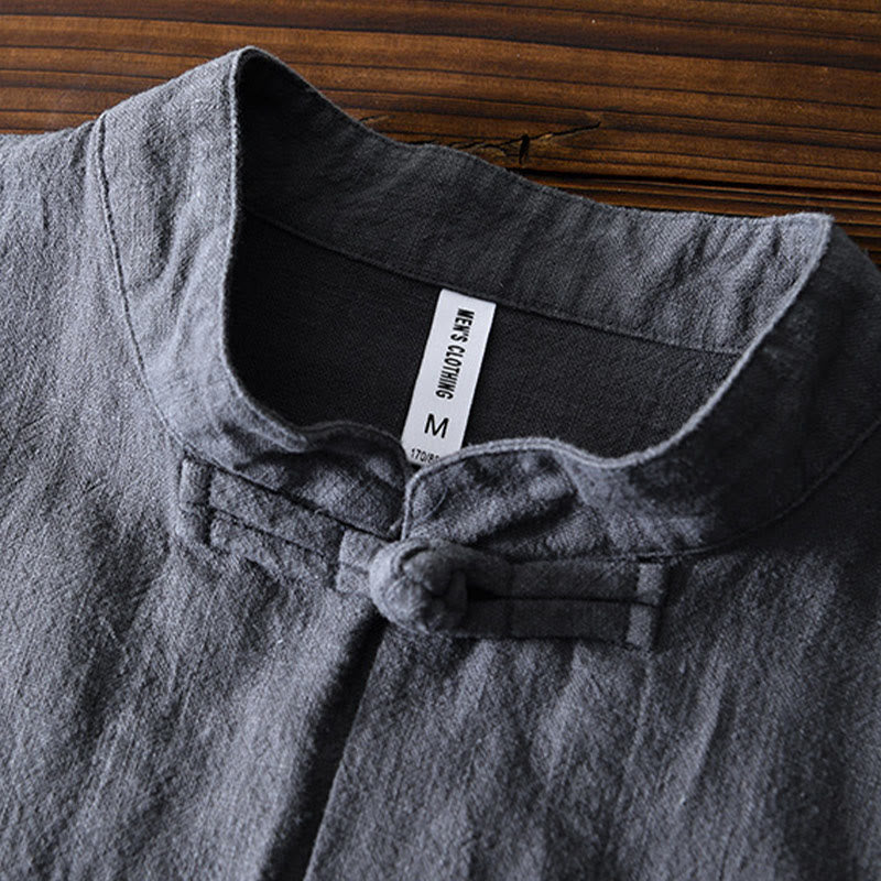 Frog-Button Chinese Tang Suit Ramie Linen Cotton Men Jacket Shirt With Pockets