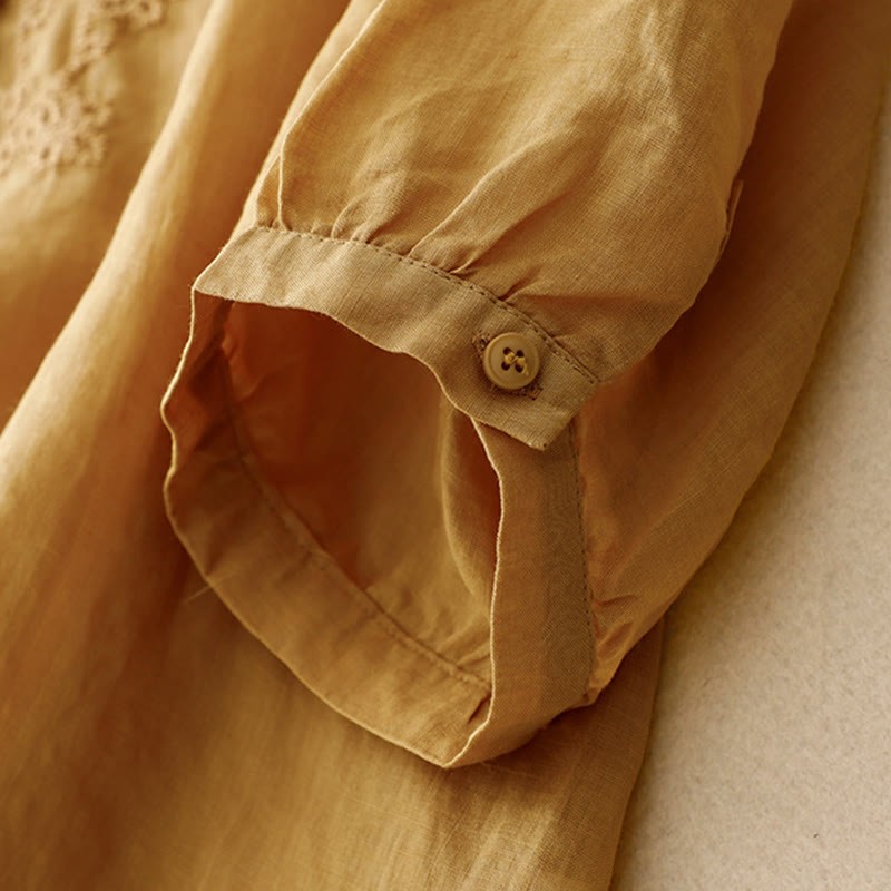 Casual Women's Plain Frog Buckle Design Half Sleeve Cotton Linen Shirt
